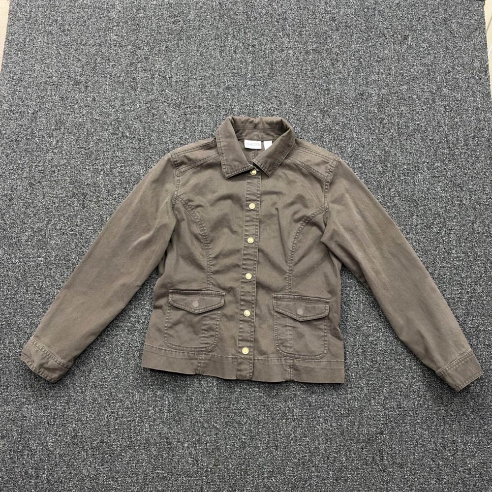 Chico's Utility Jacket Embroidered Studded Back Women Size 0 Brown boho earthy